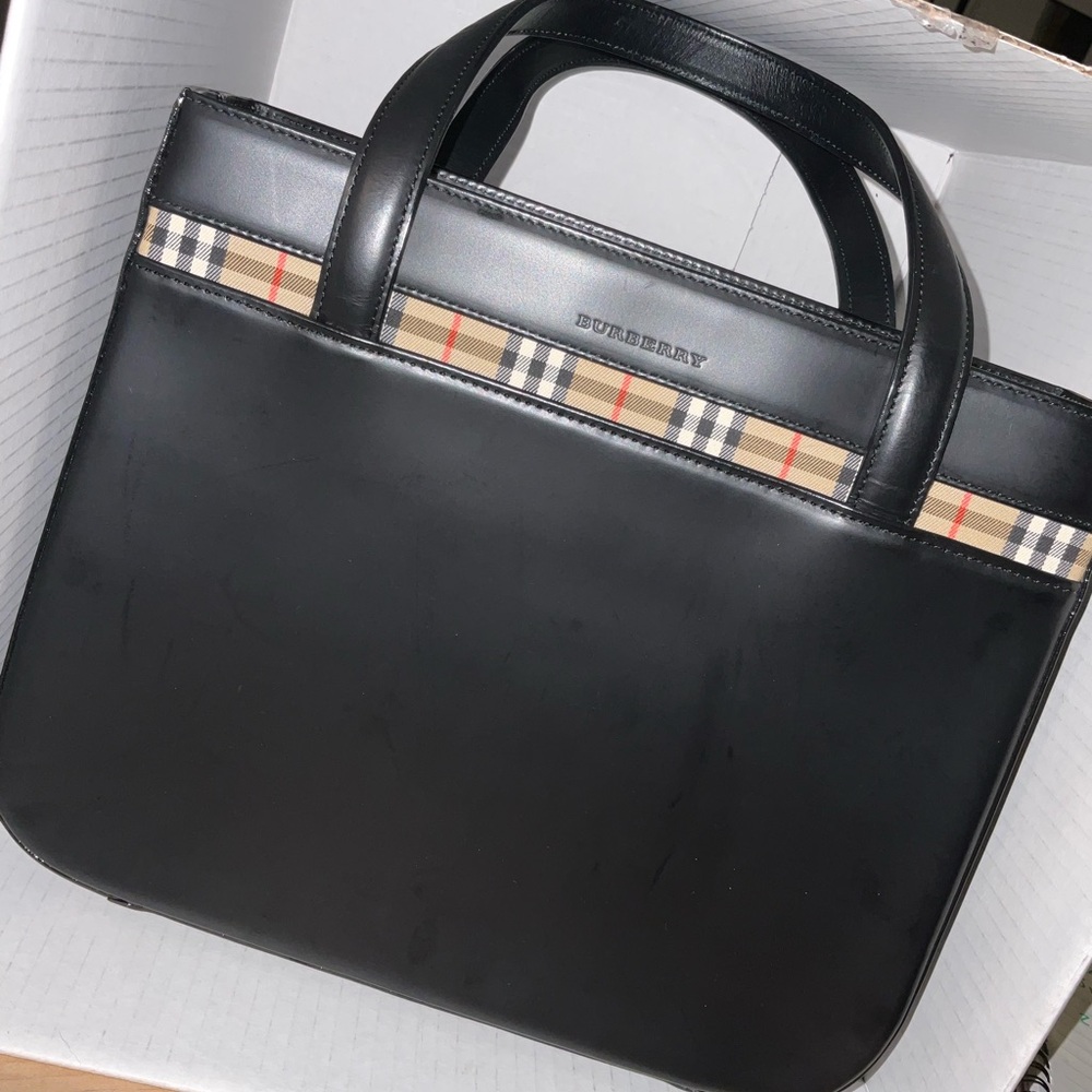 Authentic Vintage Burberry Black Leather Tote Bag – Nova Check Trim & Lining - Picture 1 of 10